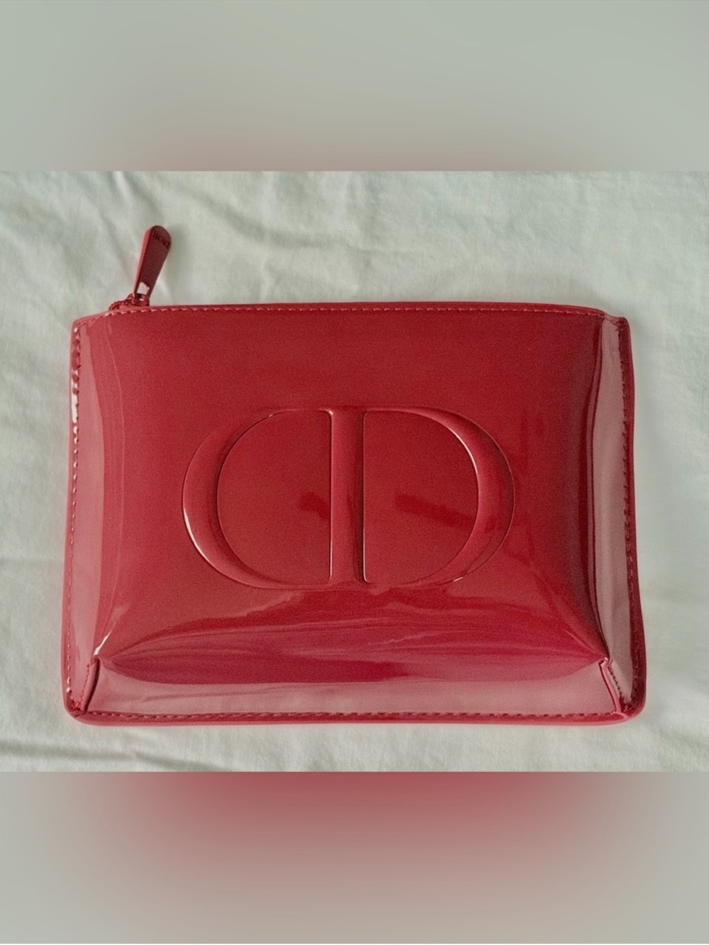 Dior Red Patent Cosmetic Pouch with Embossed Logo